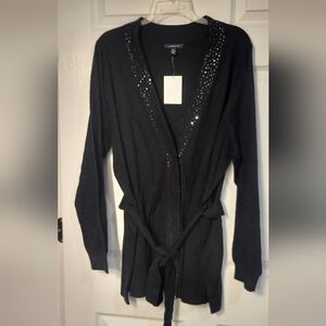 NWT Land's End Black Cashmere Blend Sequined Belted Long Sleeve Cardigan 2X